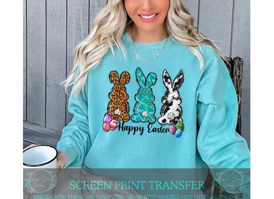 Full Color Screen Print Transfer - Happy Easter 3 Bunnies